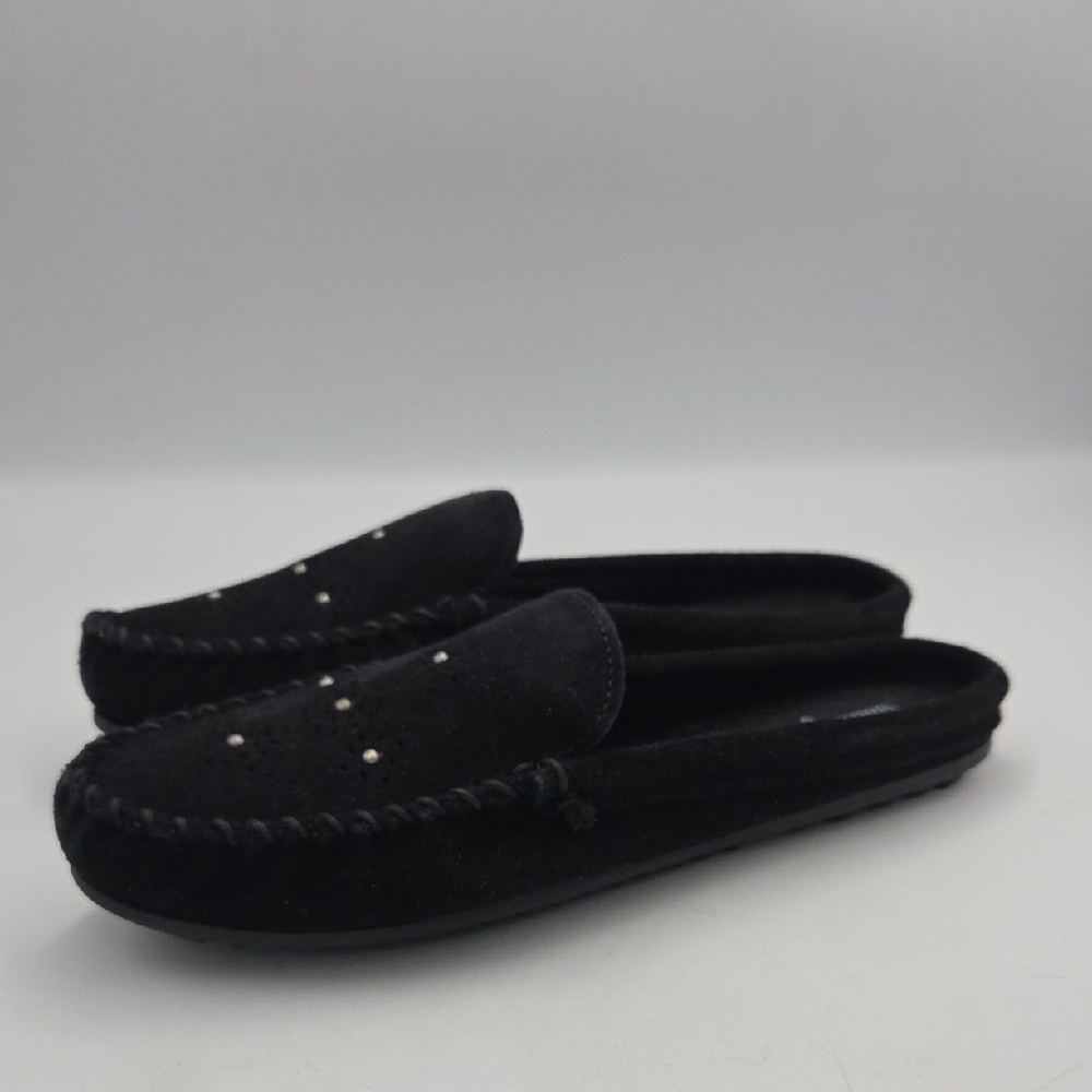 Minnetonka Black Suede Studded Slip-On Moccasin Loafers